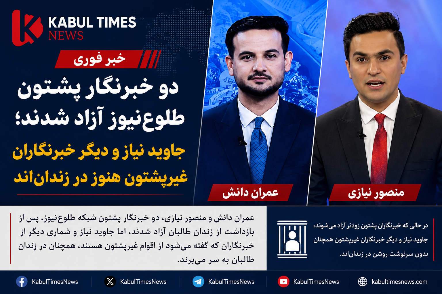 Two Pashtun journalists TOLOnews released from Taliban prison; Javid Niazi and other non-Pashtun journalists are still in prison.