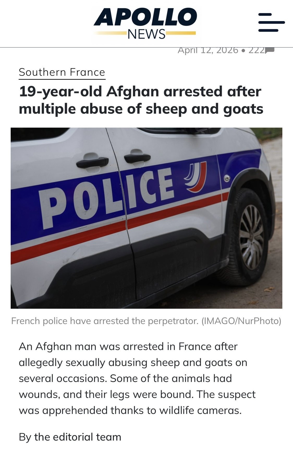 French police arrest 19-year-old Afghan man on charges of multiple sexual assaults on sheep and goats.