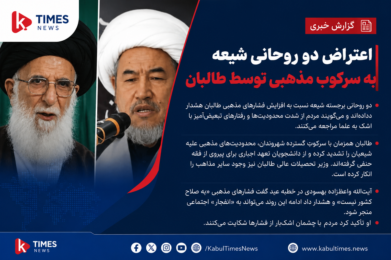 دو تن از روحانیان برجسته شیعه با ابراز نگرانی از افزایش محدودیت‌های مذهبی در افغانستان، نسبت به پیامدهای اجتماعی و سیاسی این روند هشدار داده‌اند.