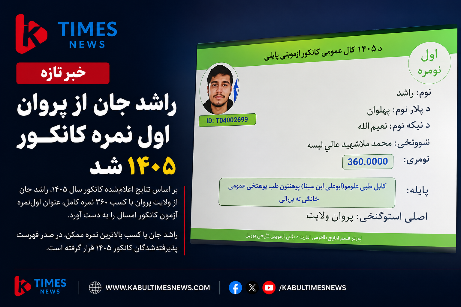 راشد جان از پروان با کسب ۳۶۰ نمره، اول‌نمره کانکور ۱۴۰۵ افغانستان شد