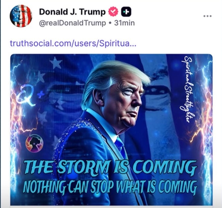 On Thursday, US President Donald Trump posted a picture of himself on Truth Social, writing: “A storm is coming; nothing can stop what is coming.”