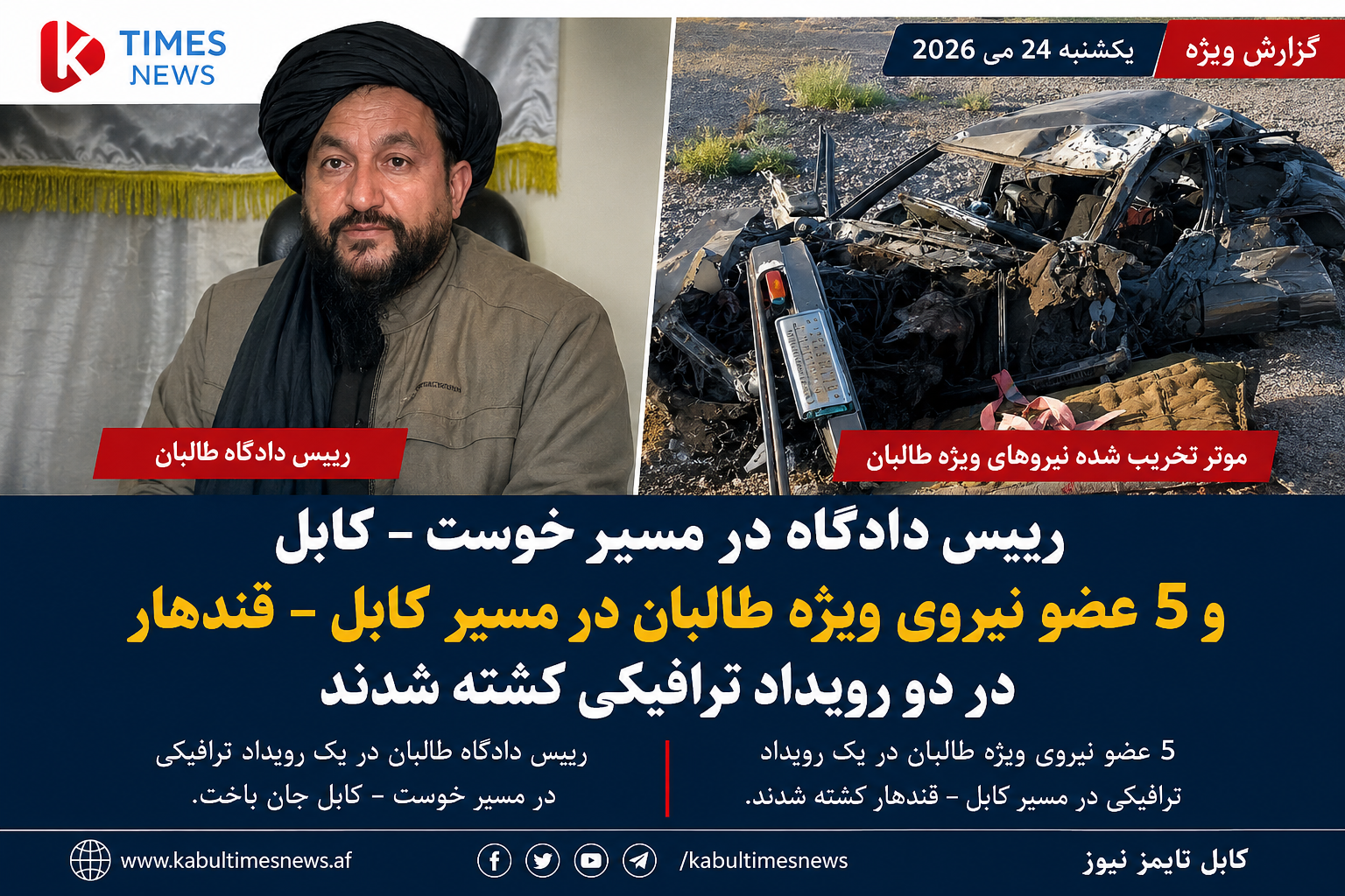 کشته‌شدن ۶ عضو گروه حاکم، بشمول رییس دادگاه طالبان برای خوست، در دو رویداد جداگانه ترافیکی