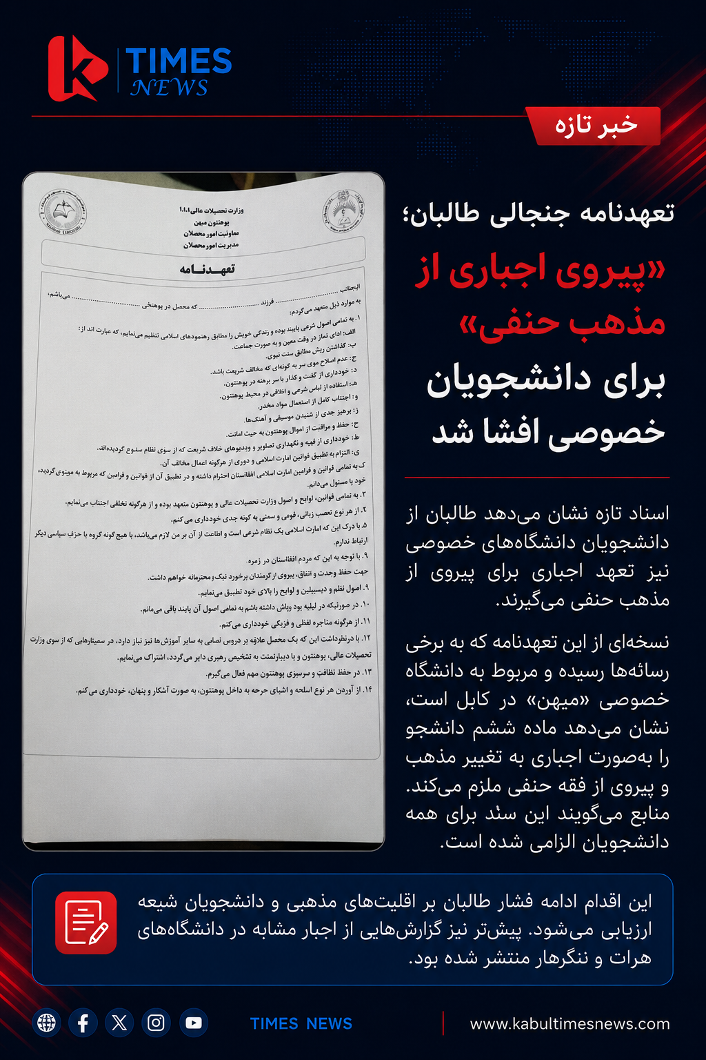 Controversial Taliban Pledge Revealed; Private University Students Require Hanafi Jurisprudence