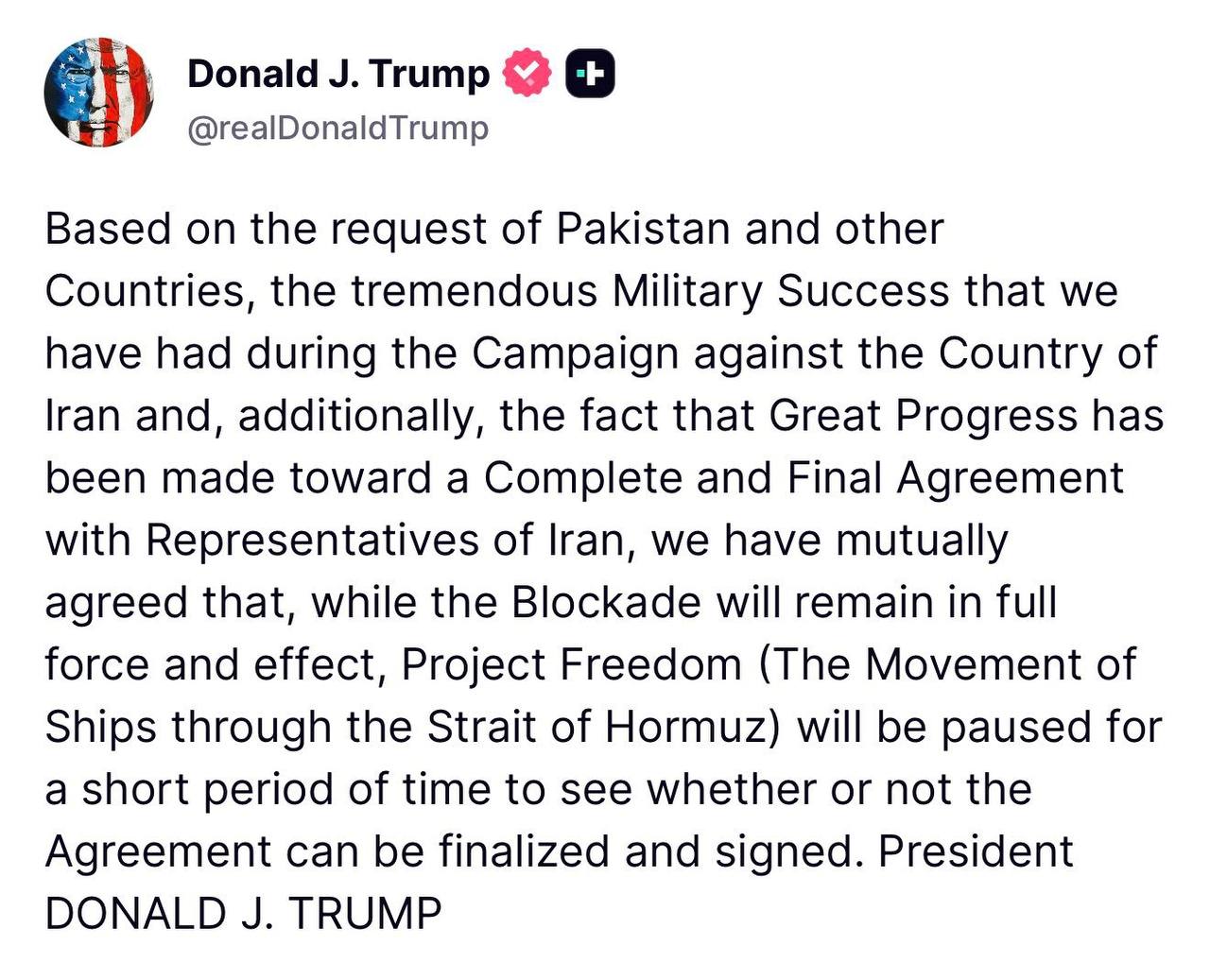 Trump: Iran Blockade Will Continue; “Project Freedom” in the Strait of Hormuz Temporarily Paused